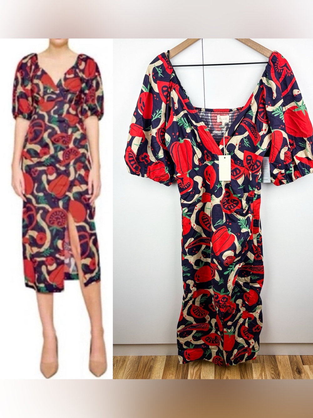Melloday Tomato Vegetable Print Puff Sleeve Midi Dress NEW Medium Red Resort